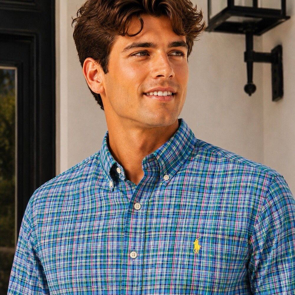 Ralph Lauren Mens XL Blue Green Plaid Button Down Shirt Pony Logo Preppy Casual